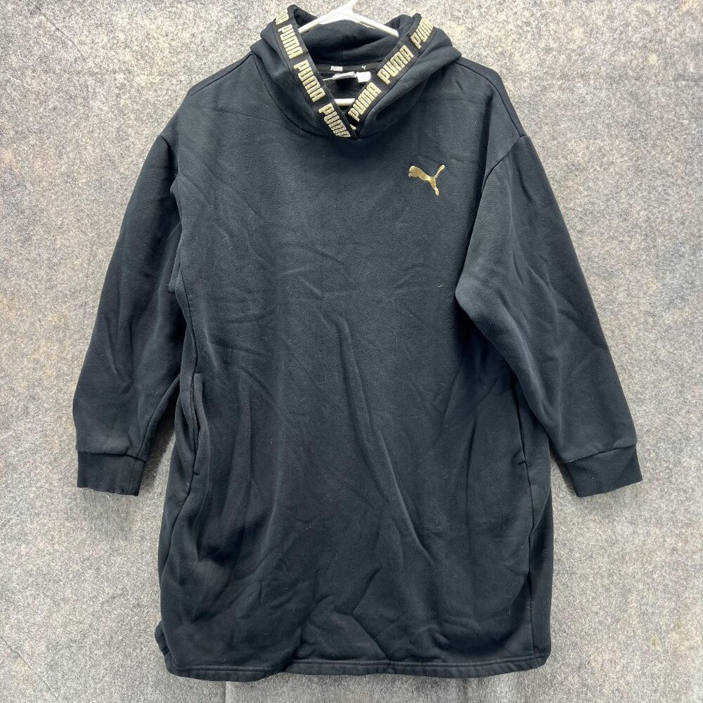 Puma Sweater Women Medium Black Hoodie Sweatshirt Jacket Gold Long Pullover